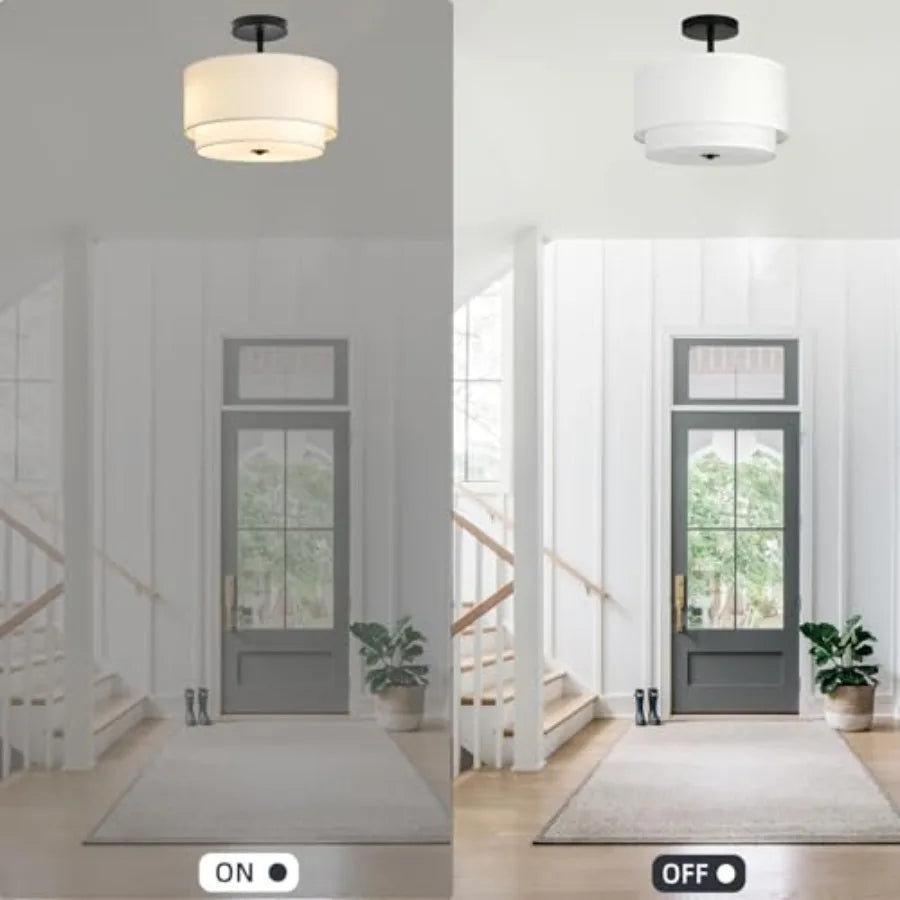 3-Light Semi Flush Mount Ceiling Light Fixture, 12.6inch Modern Close to Ceiling Light with 2-Layer Drum Shade, Entryway Light