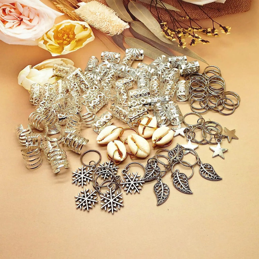 Dreadlock Braid Hair Decor Silver Tone Leaf Snowflake Wood Bead Shell Hollow Connection Ring Kit For Party Wig Styling