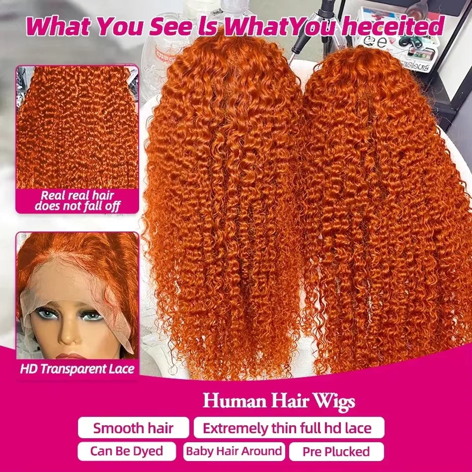 30 Inch #350 Ginger Orange Curly Wigs Human Hair 200 Density 13x6 Hd Lace Front Deep Wave Colored Human Hair Wigs Pre Plucked