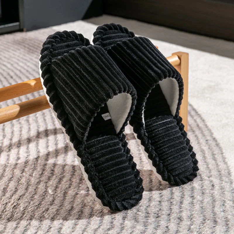 Open-Toe Breathable House Slippers for Women, Non-Slip Indoor Flat Comfort Striped/Solid Bathroom Slides for Hardwood Floors