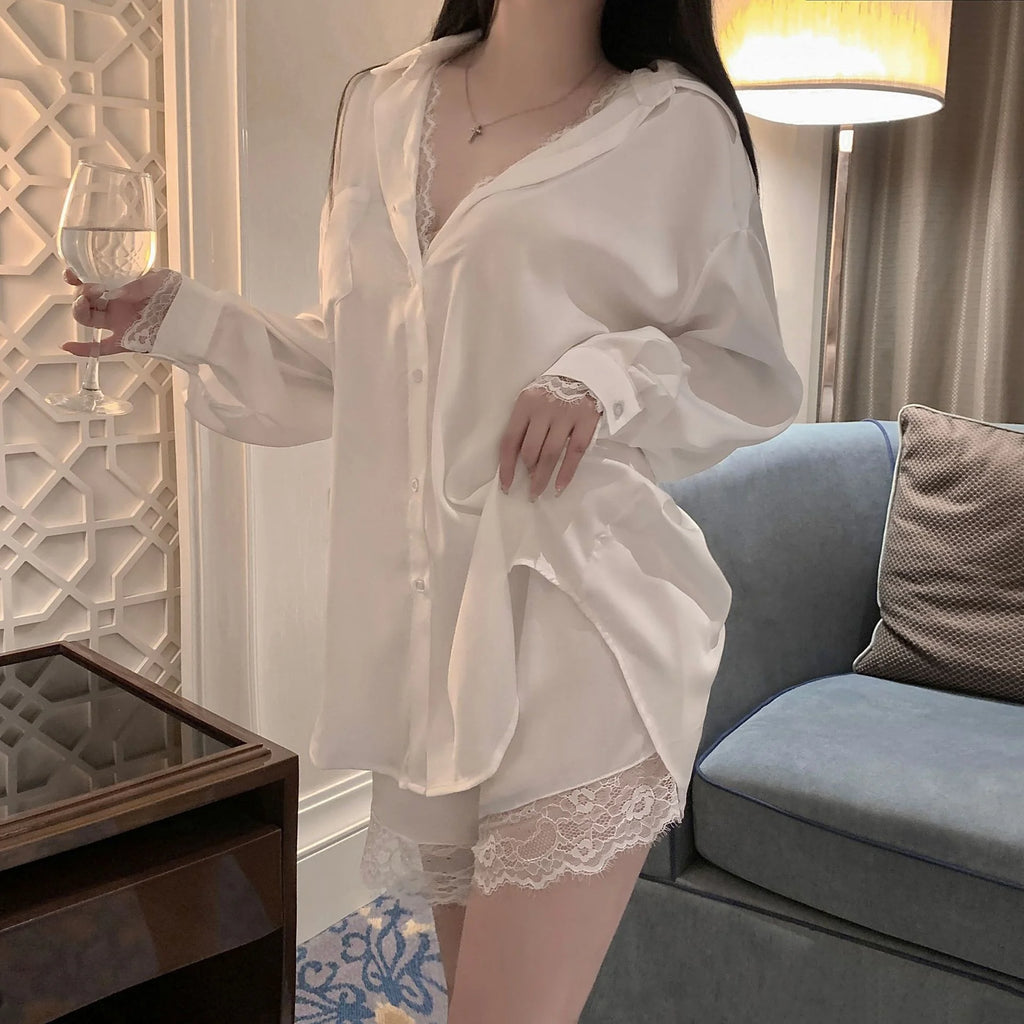 Ladies sexy boyfriend style shirt sexy pure desire lace atmosphere emotional fun pajamas ice silk shirt skirt home service suit