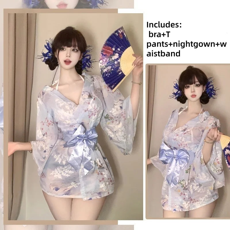 2026 New Tokyo Goddess Girl Sweet Bow Sexy Print Embroidered Kimono Bathrobe Chiffon Nightgown Erotic Lingerie Cosplay Costume