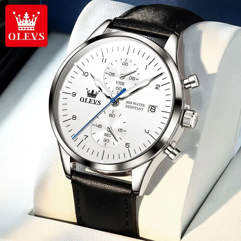 OLEVS casual fashion men's watches Chronograph 30m waterproof Leather strap quartz watch for man luminous genuine wristwatch