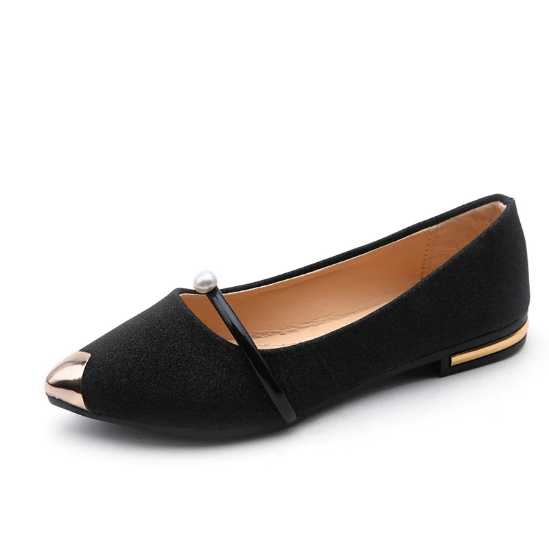 Spring and Autumn New Women's Pointy Pearls Decorated Low-cut Shoes with Metal Heads Korean Style Pumps Zapatos De Mujer