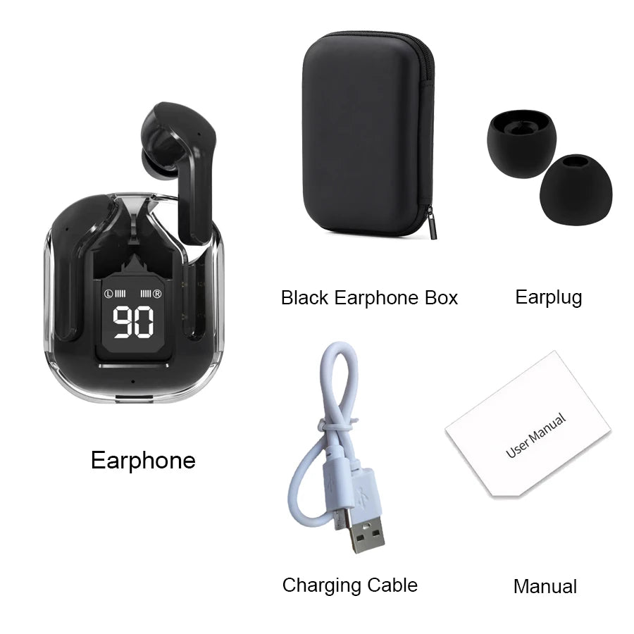 New Bluetooth 5.3 Wireless Headset Transparent Headphones LED Power Digital Display Stereo Sound Earphones for Sports Working