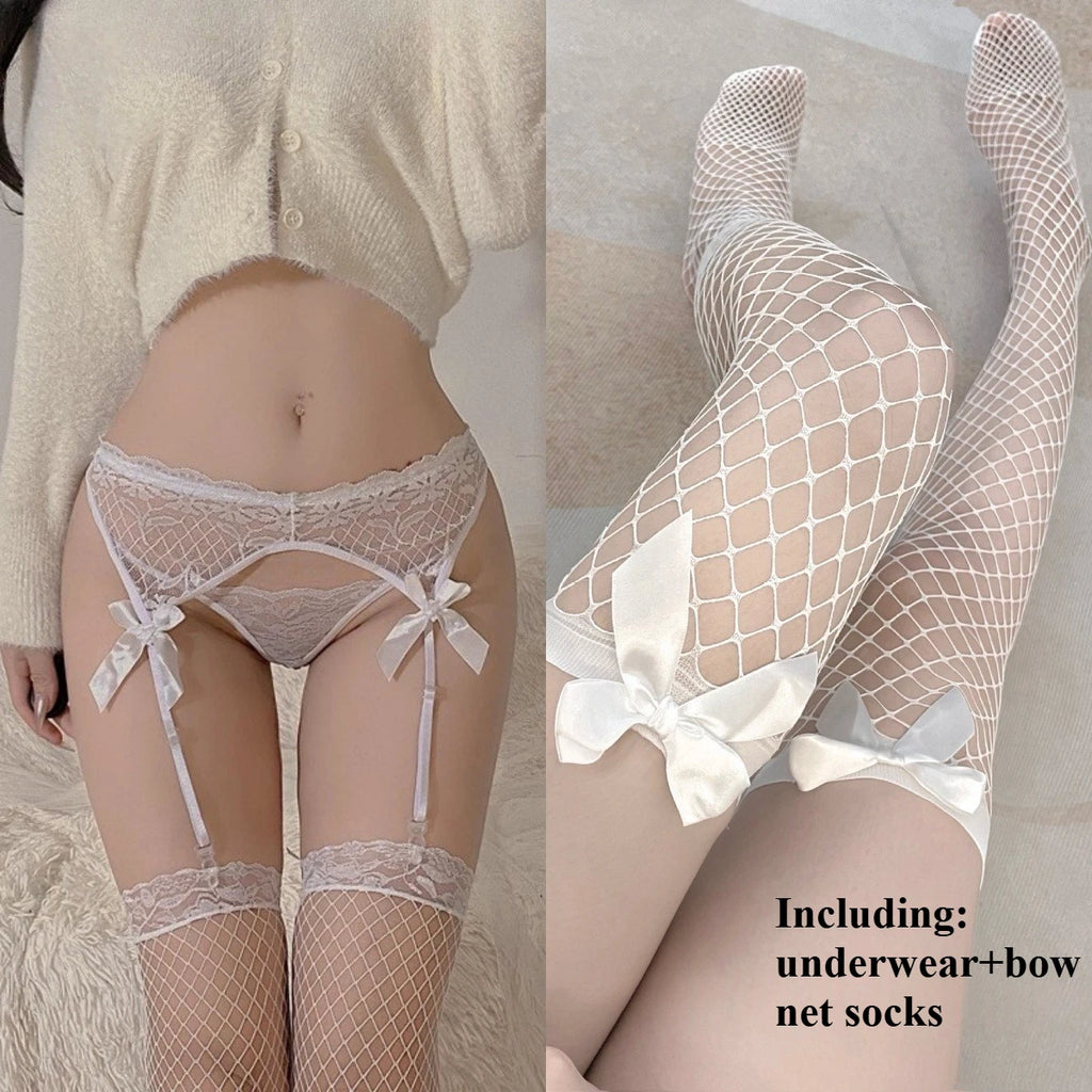 New Sexy Lingerie Garter Belt Japanese Women's Sexy Perspective Lace Bow Long Tube Stockings Mesh Socks One-piece Suit for Women