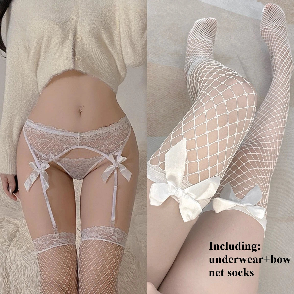 New Sexy Lingerie Garter Belt Japanese Women's Sexy Perspective Lace Bow Long Tube Stockings Mesh Socks One-piece Suit for Women
