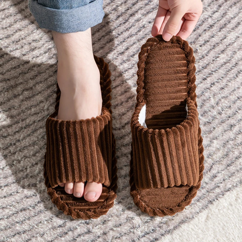Open-Toe Breathable House Slippers for Women, Non-Slip Indoor Flat Comfort Striped/Solid Bathroom Slides for Hardwood Floors