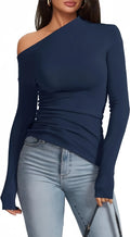 Off-Shoulder Long Sleeve T-Shirt Women, Slim Fit Solid Color Basic Top for Autumn Winter Casual Wear
