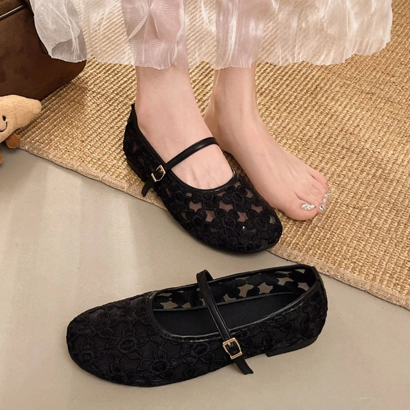 Women's Ballet Flats Ballerina Shoes 2026 Summer New Comfortable Embroidered Mesh Buckle Strap Elegant Shoe