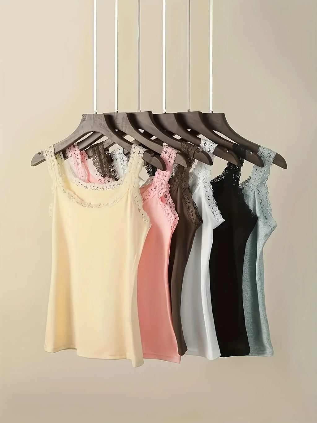 6 Pieces Plus Size Lace Camisole for Women, Slim Fit Thin Sexy Lace Tank Tops, Solid Color Inner Wear & Outer Wear Basic Vest