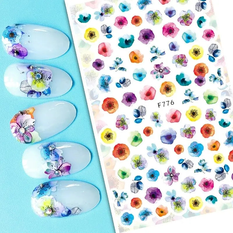 3d Nail Art Decals Grey Dry Florals Watercolor Nuance Flowers Adhesive Sliders Nails Stickers Decorations For Manicures Tips