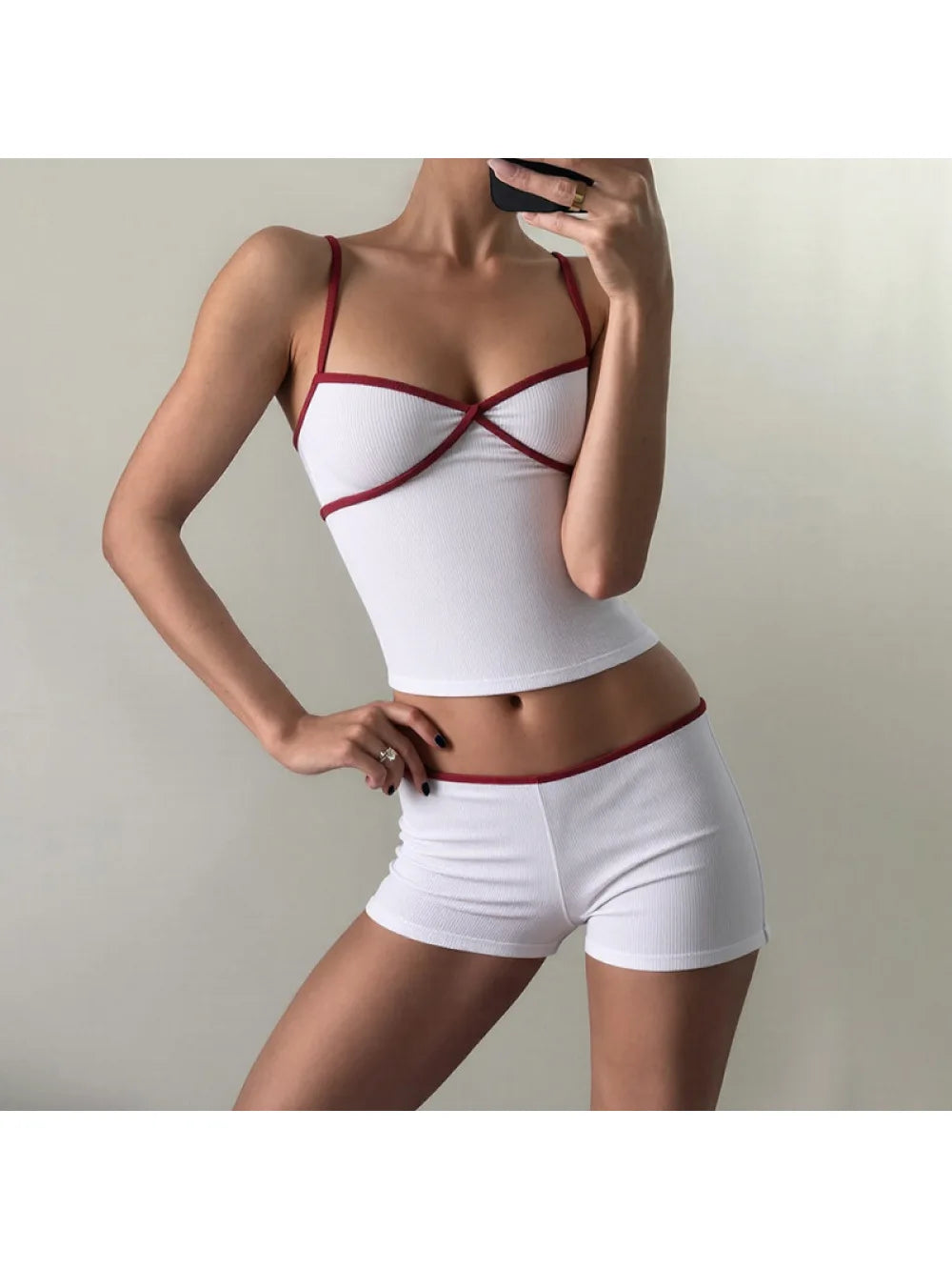 2026 new summer women's clothing pure desire spicy girl V-neck tank top contrasting color casual simple versatile shorts set INS