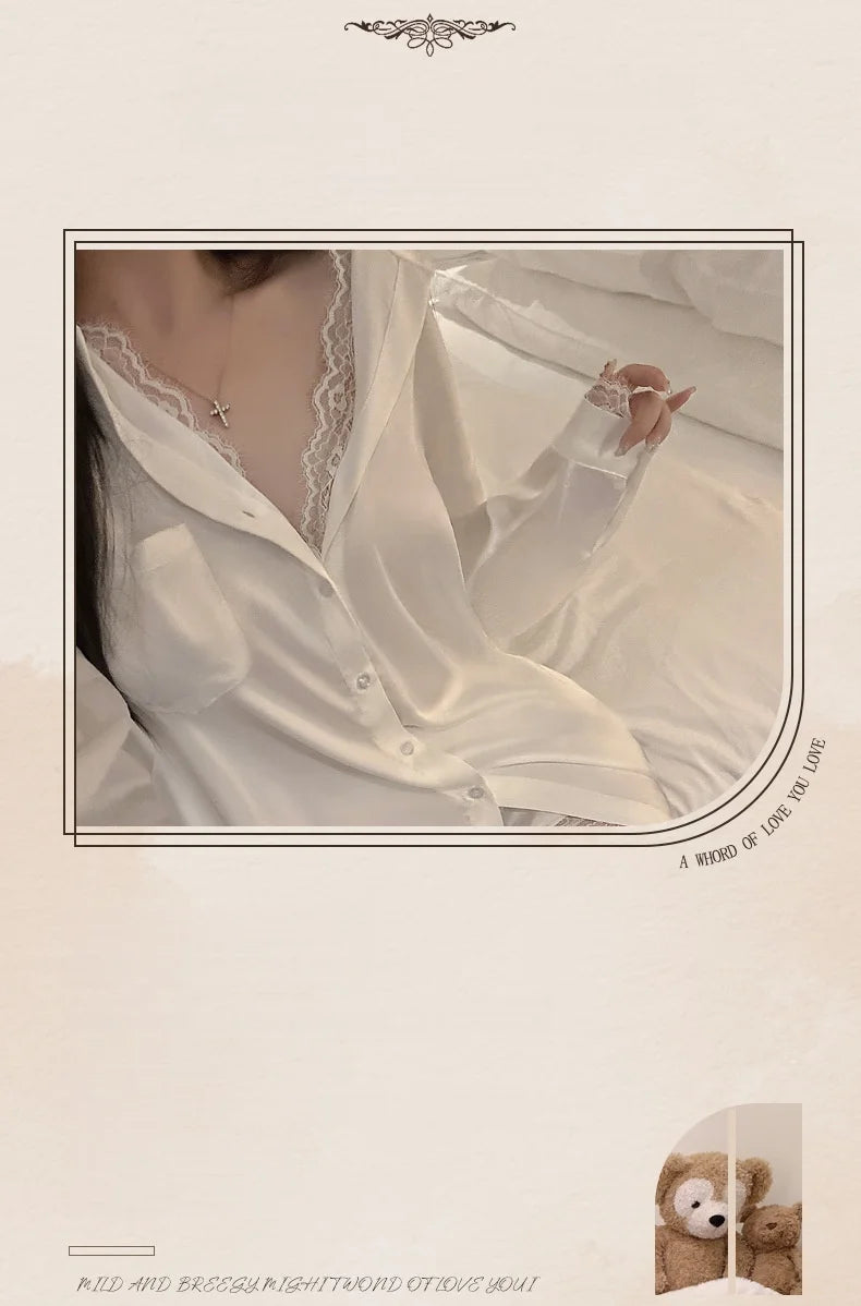 Ladies sexy boyfriend style shirt sexy pure desire lace atmosphere emotional fun pajamas ice silk shirt skirt home service suit