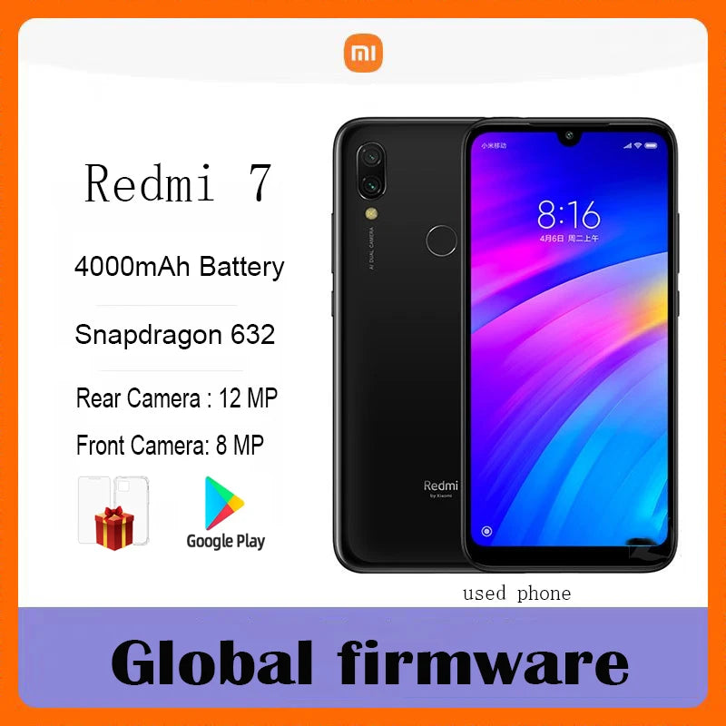 Global Firmware Xiaomi Redmi 7 Smartphone 4000 Amh 6.26 Inch 10W Charger Dual Camera Dual SIM Solt Cellphone Android  Used Phone
