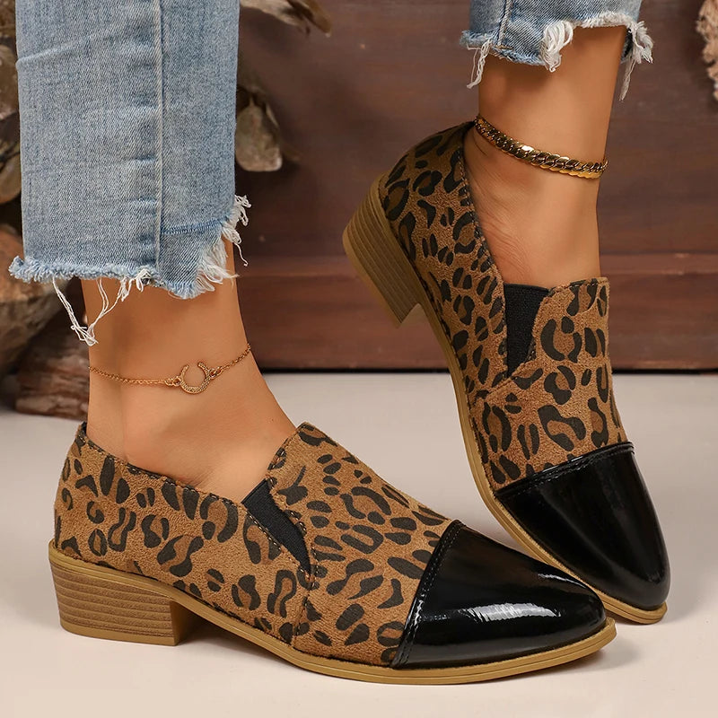 Leopard Printed Women's Low Heel Pumps Fashion Patent Leather Patchwork Dress Shoes for Women Comfy Pointed Toe Slip On Loafers