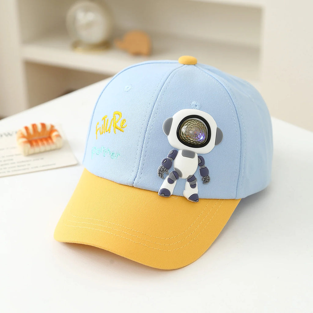 Children's soft rubber robot doll with "Future Partner" colorful letter embroidery contrast baseball cap