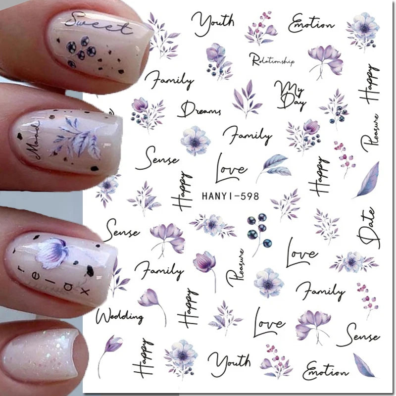 3d Nail Art Decals Grey Dry Florals Watercolor Nuance Flowers Adhesive Sliders Nails Stickers Decorations For Manicures Tips