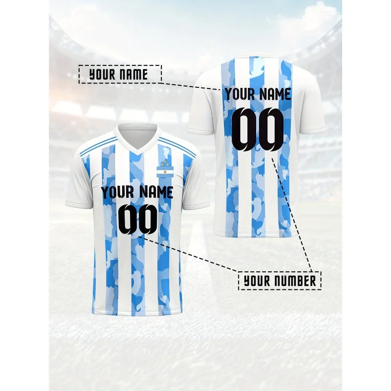Argentina Jerseys Pattern T-Shirt For Men Football Customized 3D Print Short Sleeve Tops Summer Loose V-Neck T Shirts Sport Tees