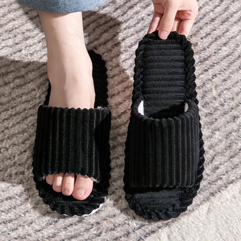 Open-Toe Breathable House Slippers for Women, Non-Slip Indoor Flat Comfort Striped/Solid Bathroom Slides for Hardwood Floors