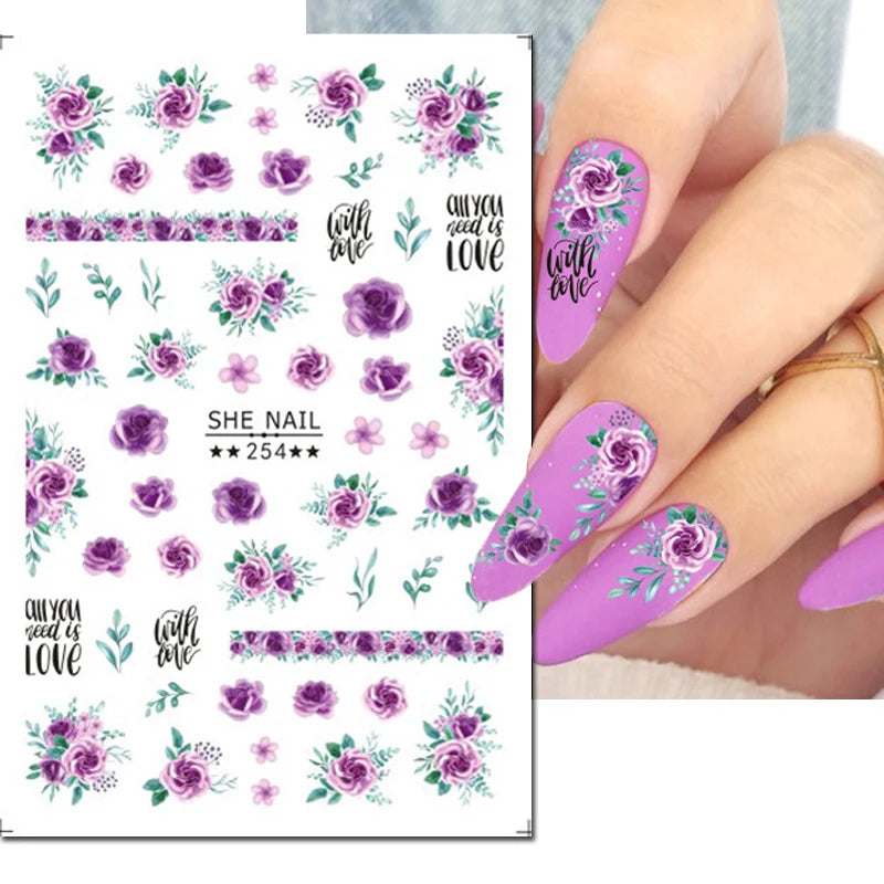 3d Nail Art Decals Grey Dry Florals Watercolor Nuance Flowers Adhesive Sliders Nails Stickers Decorations For Manicures Tips