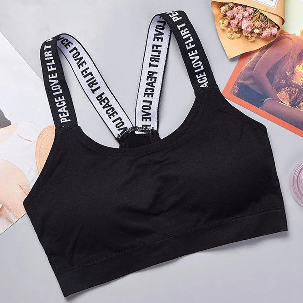 Women's Seamless Sports Crop Top Wide Letter Straps Wireless Back Comfortable Yoga Fitness Workout Activewear