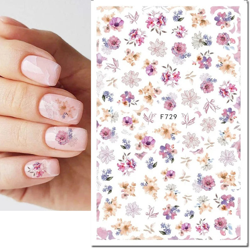 3d Nail Art Decals Grey Dry Florals Watercolor Nuance Flowers Adhesive Sliders Nails Stickers Decorations For Manicures Tips