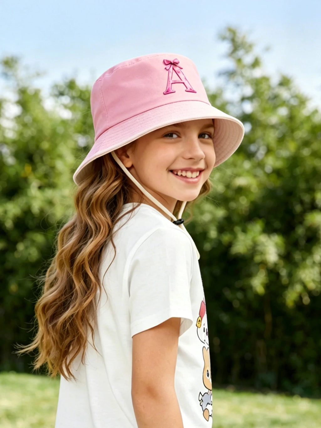 1pc pink baby girl bucket hat cap 3-8 years old Spring A-Z letter And  Summer Cap Features a ButterflyKnot Design with Fuchsia L