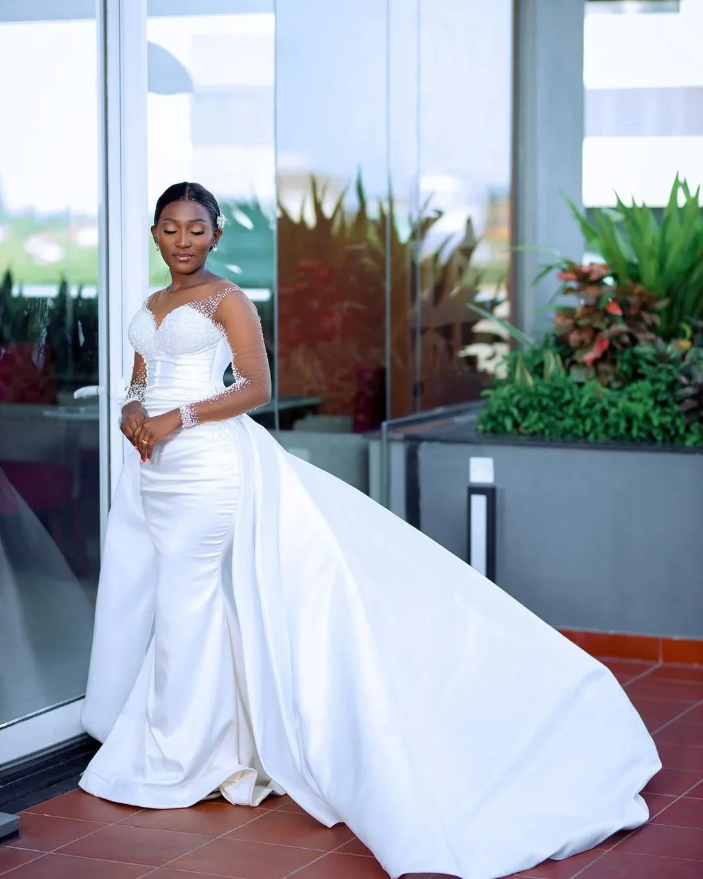 African White Mermaid Wedding Dress Sexy Transparent Illusion Long Sleeve Bridal Dress Beaded Pleat Detachable Tail Customized
