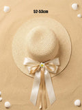 1Pc 3-8Y Girls Coffee Bow Straw Hat Woven Sun Hat Breathable Outdoor Beach Summer Shade Cap for Kids Daily Play Travel