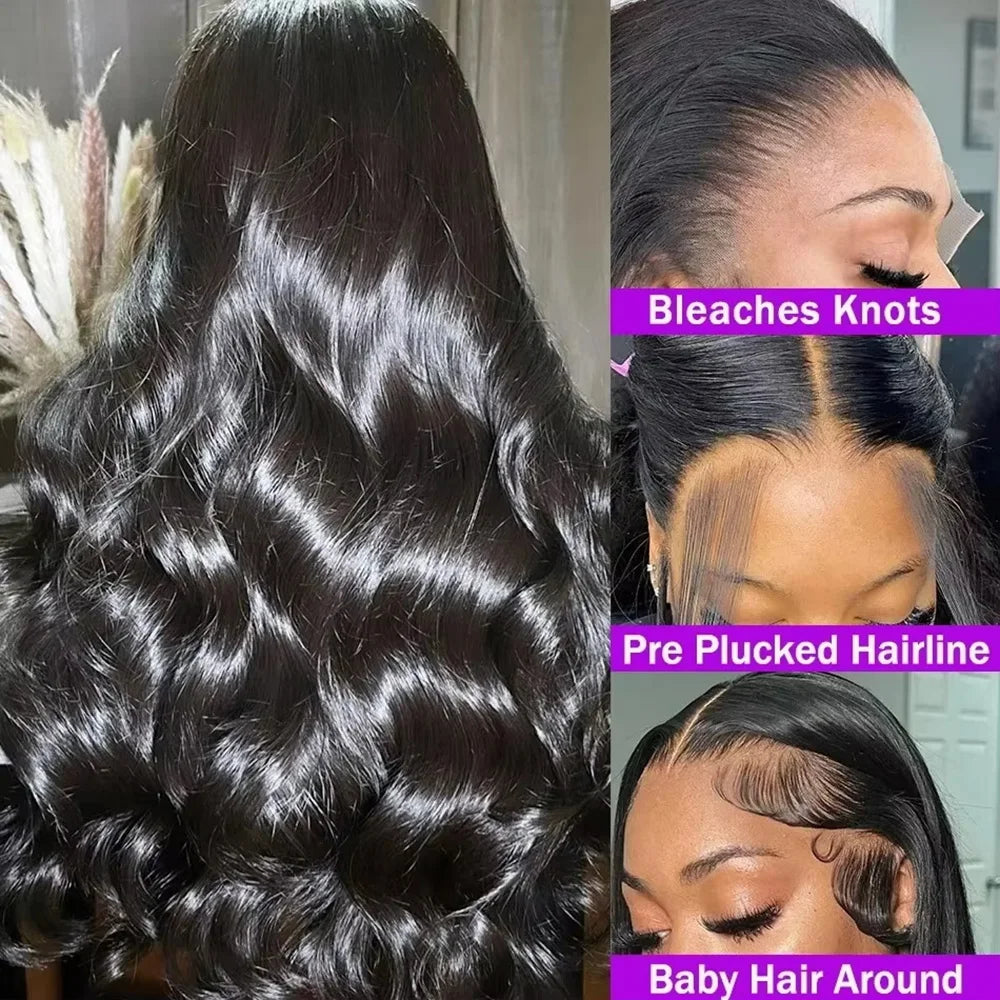 13x6 HD Lace Frontal Wig 46 Inch Body Wave #1B Natural Black Human Hair 200 Density Pre Plucked Natural Hairline Ready To Wear