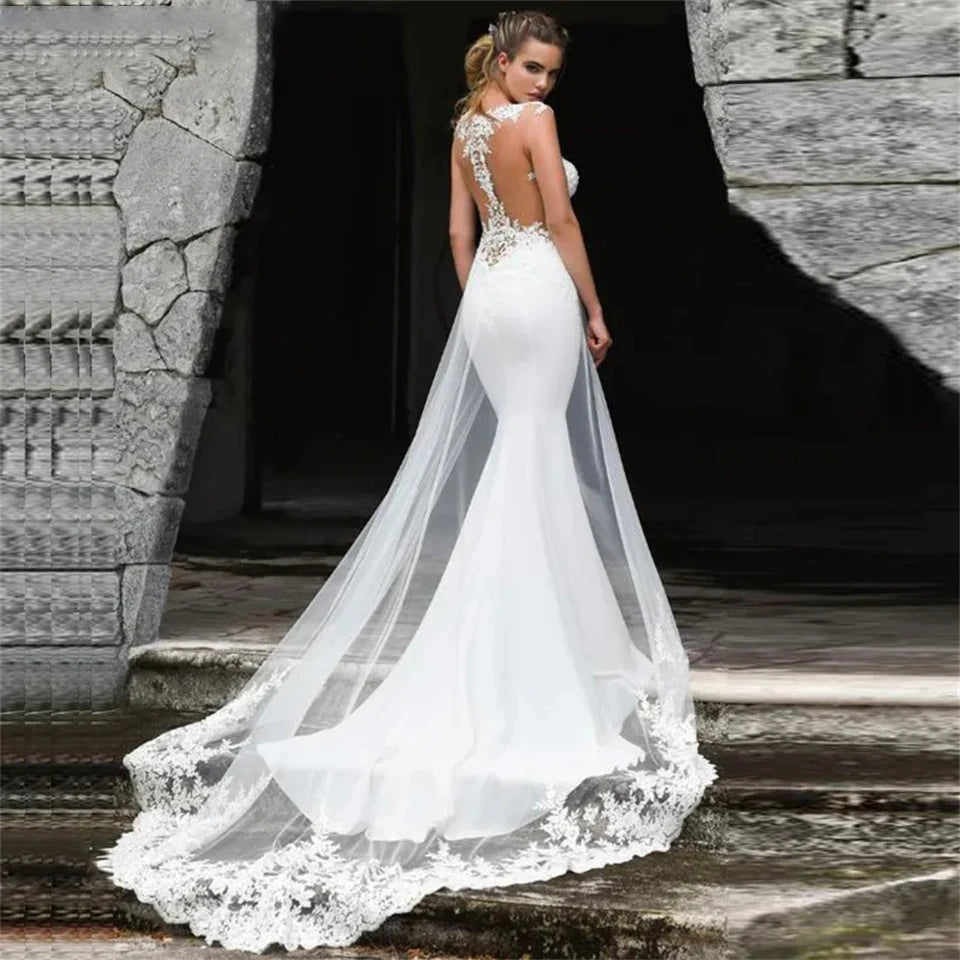 Elegant Lace O-Neck Appliques Backless Tank Illusion Tulle Mermaid Wedding Dresses For Women 2026 Court Train Vestidos De Noiva