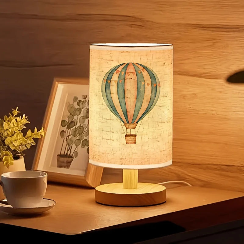 Hot Air Balloon Printed Minimalist Ambient Table Lamp - Linen Shade, USB Powered, Suitable for Bedroom, Ideal as  Home Decor