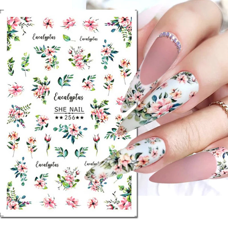 3d Nail Art Decals Grey Dry Florals Watercolor Nuance Flowers Adhesive Sliders Nails Stickers Decorations For Manicures Tips