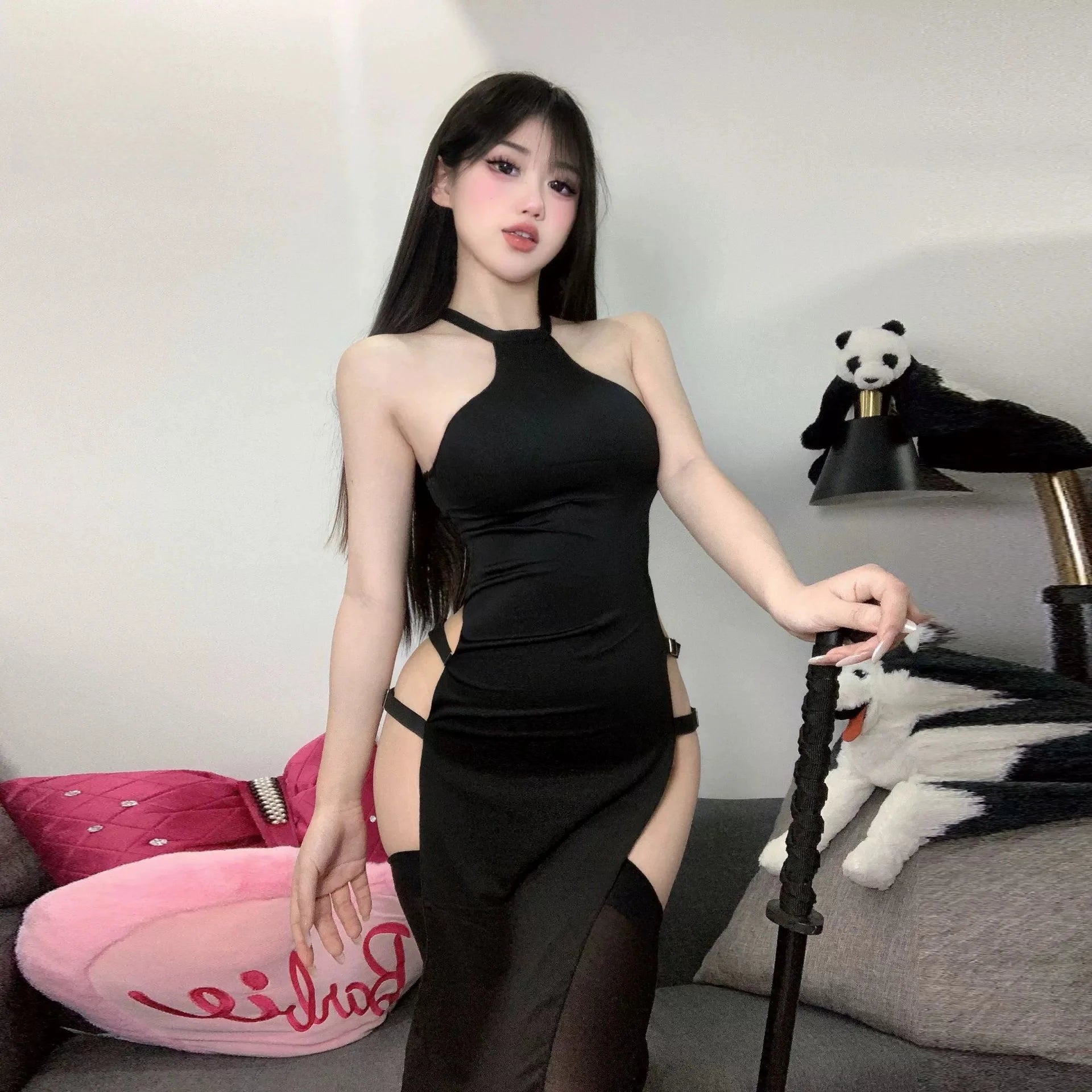 New Style Atmosphere, Emotional Fun Underwear, Sexy Solid Color, Sleeveless Hollow Side Slit, High Waist Tight-fitting Dress