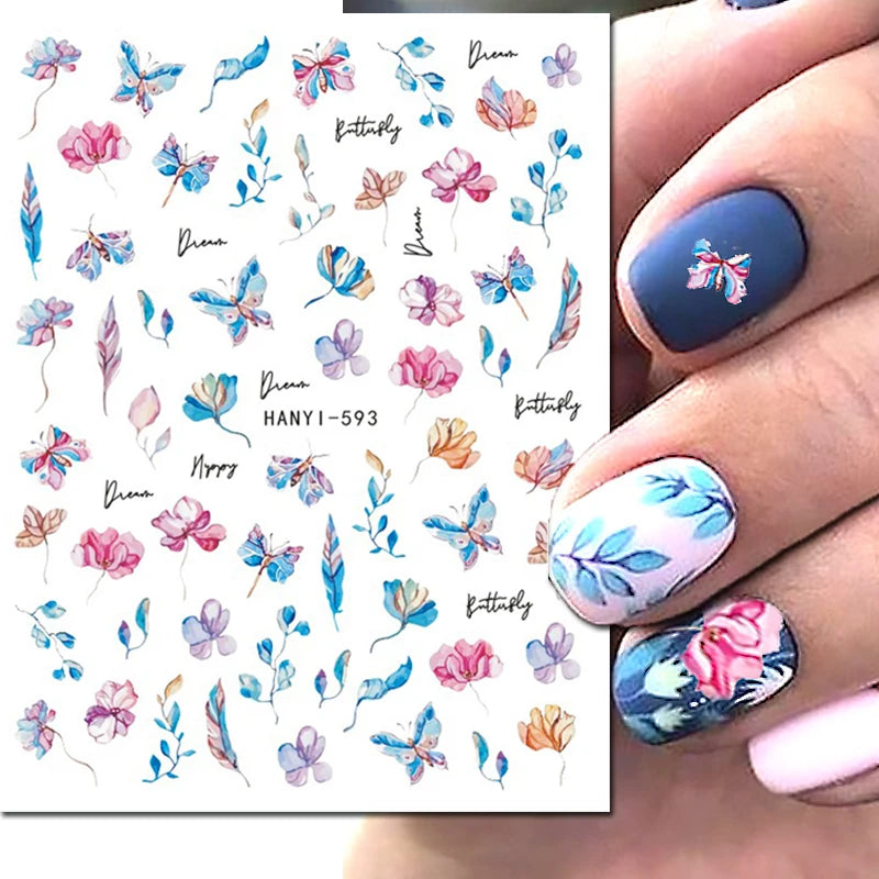 3d Nail Art Decals Grey Dry Florals Watercolor Nuance Flowers Adhesive Sliders Nails Stickers Decorations For Manicures Tips