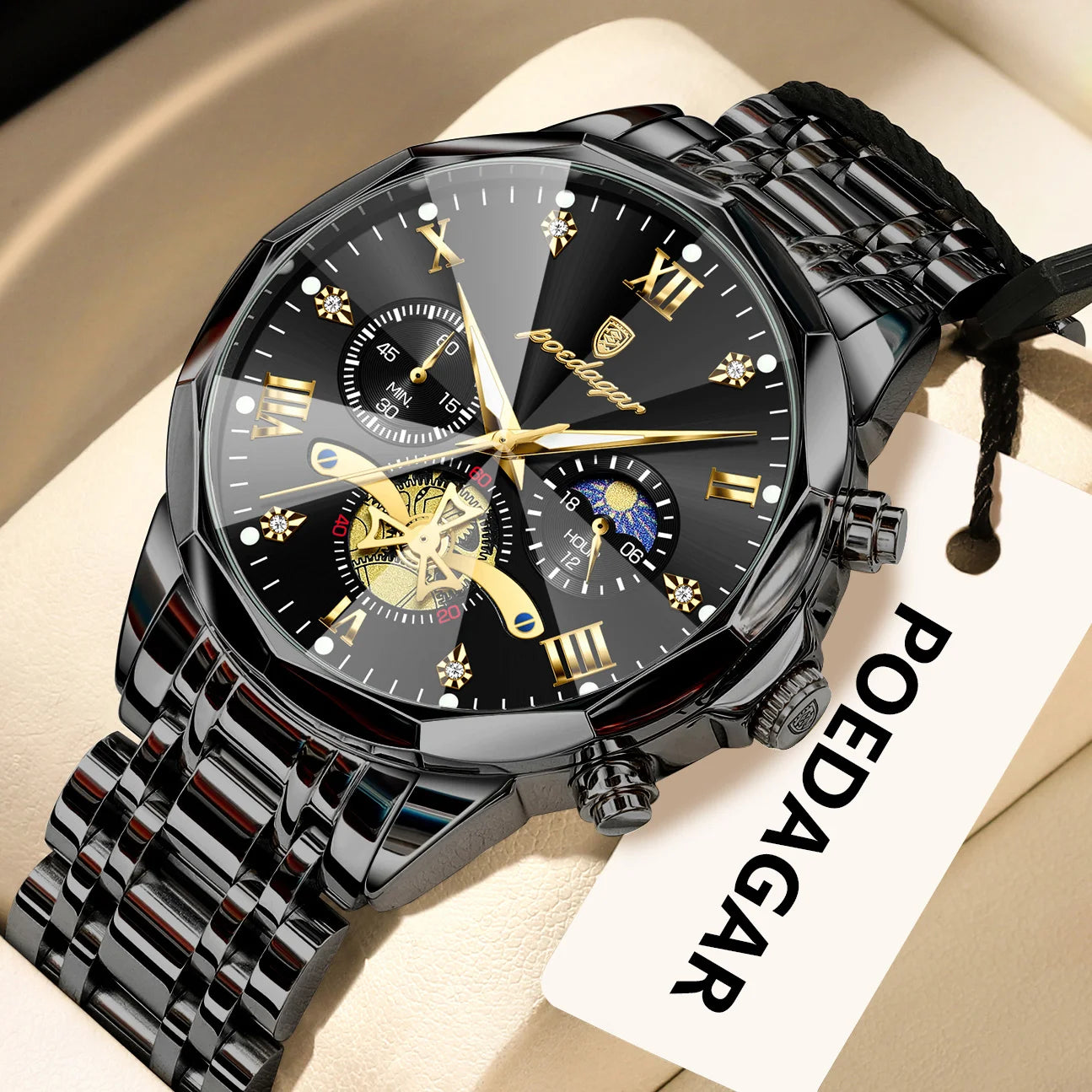 POEDAGAR Exquisite Business Men Watch Waterproof Luminous Chronograph Luxury Man Watches Stainless Steel Men's Quartz Wristwatch