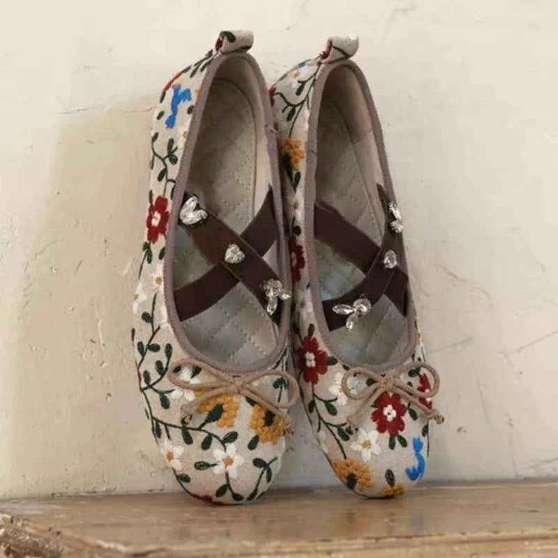 Embroidery Flower Ballet Flats Women Rhinestone Leopard Shallow Casual Footwear Female Comfy Fashion Brand Mary Jane Shoes Women