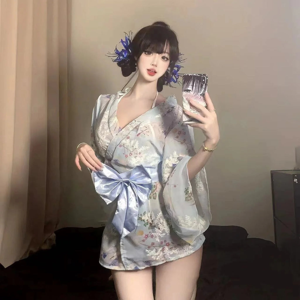2026 New Tokyo Goddess Girl Sweet Bow Sexy Print Embroidered Kimono Bathrobe Chiffon Nightgown Erotic Lingerie Cosplay Costume