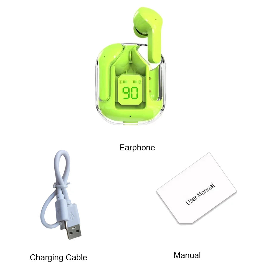 New Bluetooth 5.3 Wireless Headset Transparent Headphones LED Power Digital Display Stereo Sound Earphones for Sports Working