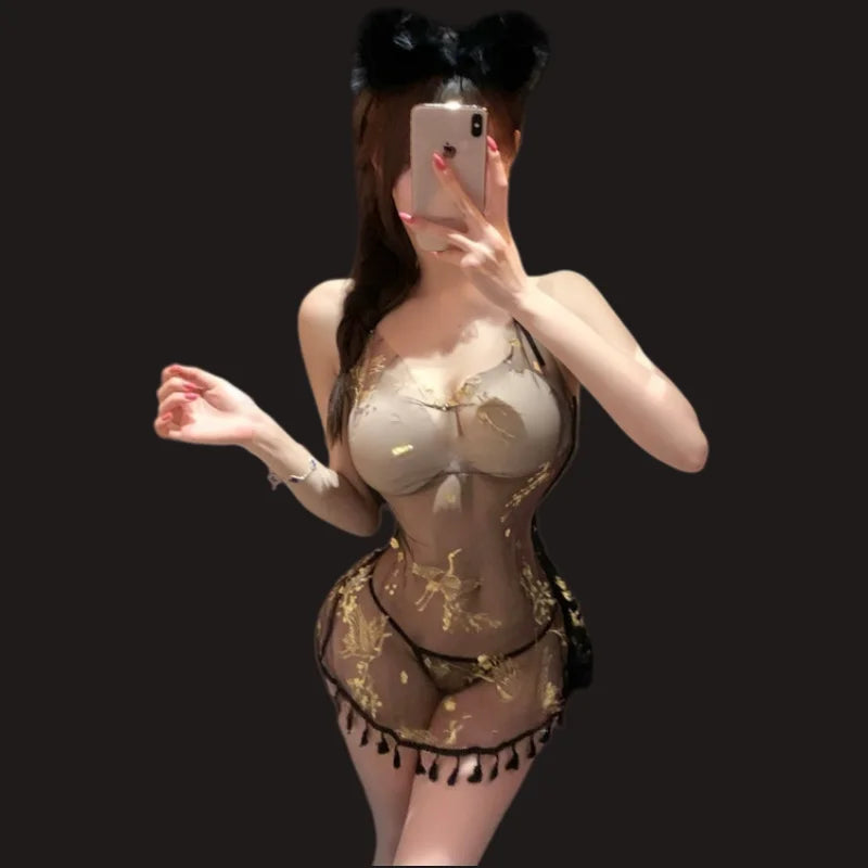 God Crane Pattern Sleeping Skirt Sexy Hanging Neck Strap Perspective Sexy Underwear Temptation Bareback Sexy Women's Underwear