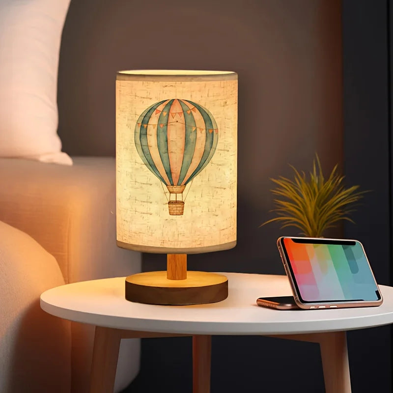 Hot Air Balloon Printed Minimalist Ambient Table Lamp - Linen Shade, USB Powered, Suitable for Bedroom, Ideal as  Home Decor