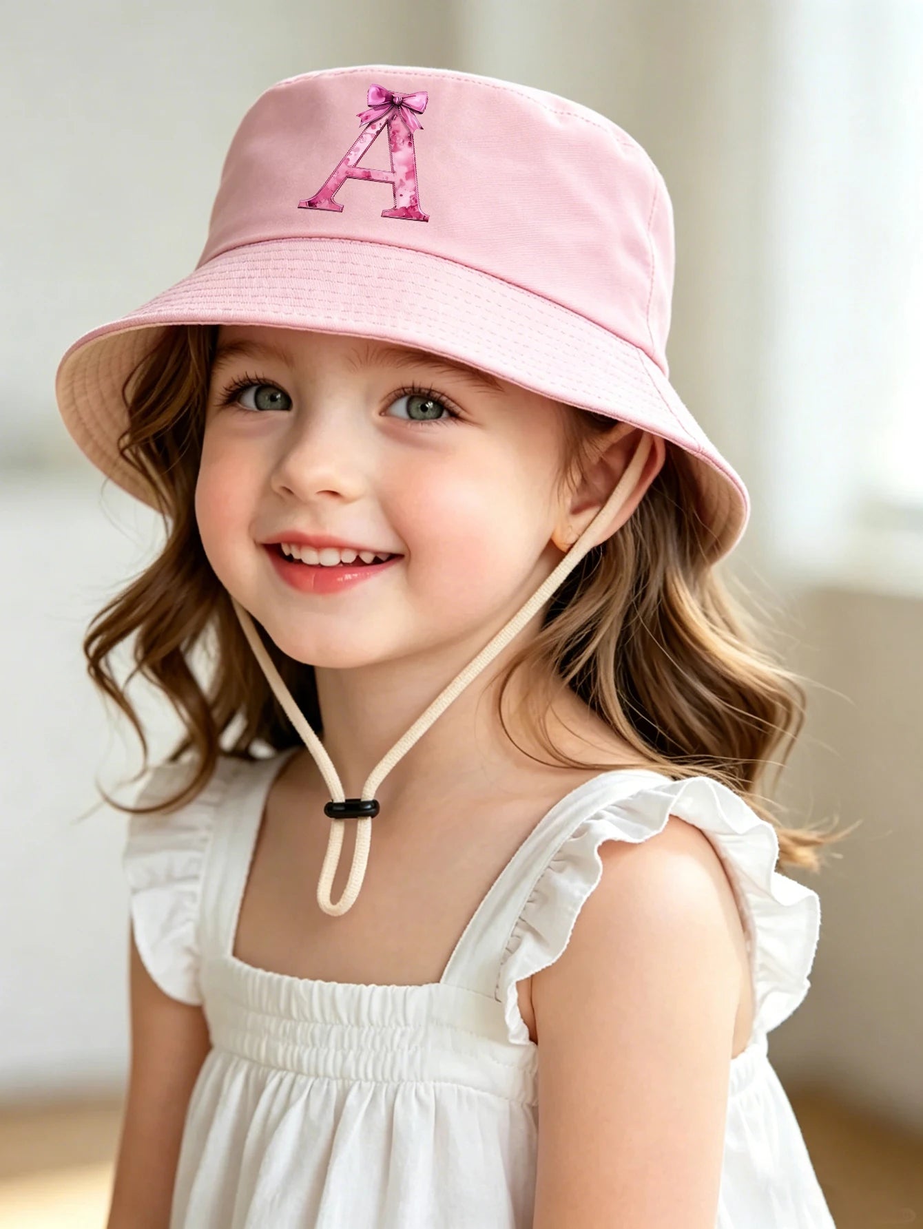 1pc pink baby girl bucket hat cap 3-8 years old Spring A-Z letter And  Summer Cap Features a ButterflyKnot Design with Fuchsia L
