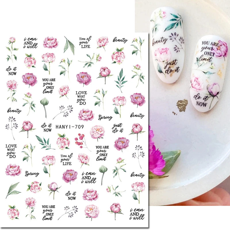 3d Nail Art Decals Grey Dry Florals Watercolor Nuance Flowers Adhesive Sliders Nails Stickers Decorations For Manicures Tips
