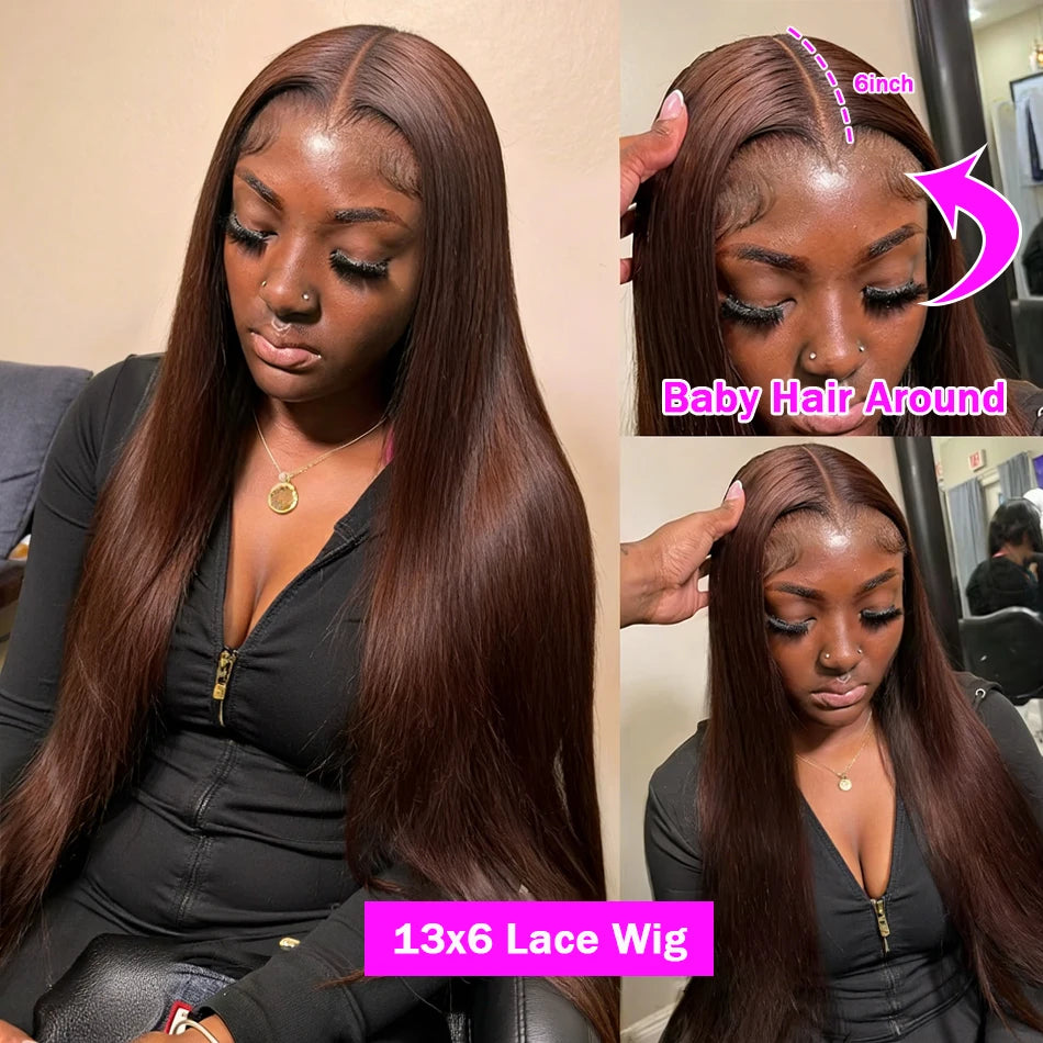 HD Chocolate Brown 13x4 Straight Lace Front Wig Brazilian 13x6 Lace Frontal Wigs For Women 100% Remy Human Hair Wig Pre Plucked