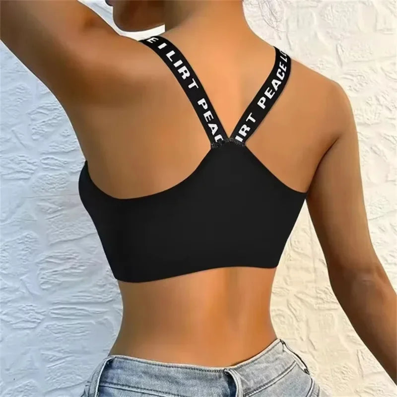 Women's Seamless Sports Crop Top Wide Letter Straps Wireless Back Comfortable Yoga Fitness Workout Activewear
