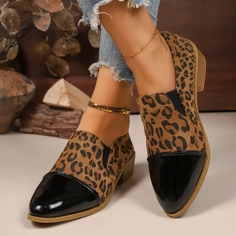 Leopard Printed Women's Low Heel Pumps Fashion Patent Leather Patchwork Dress Shoes for Women Comfy Pointed Toe Slip On Loafers