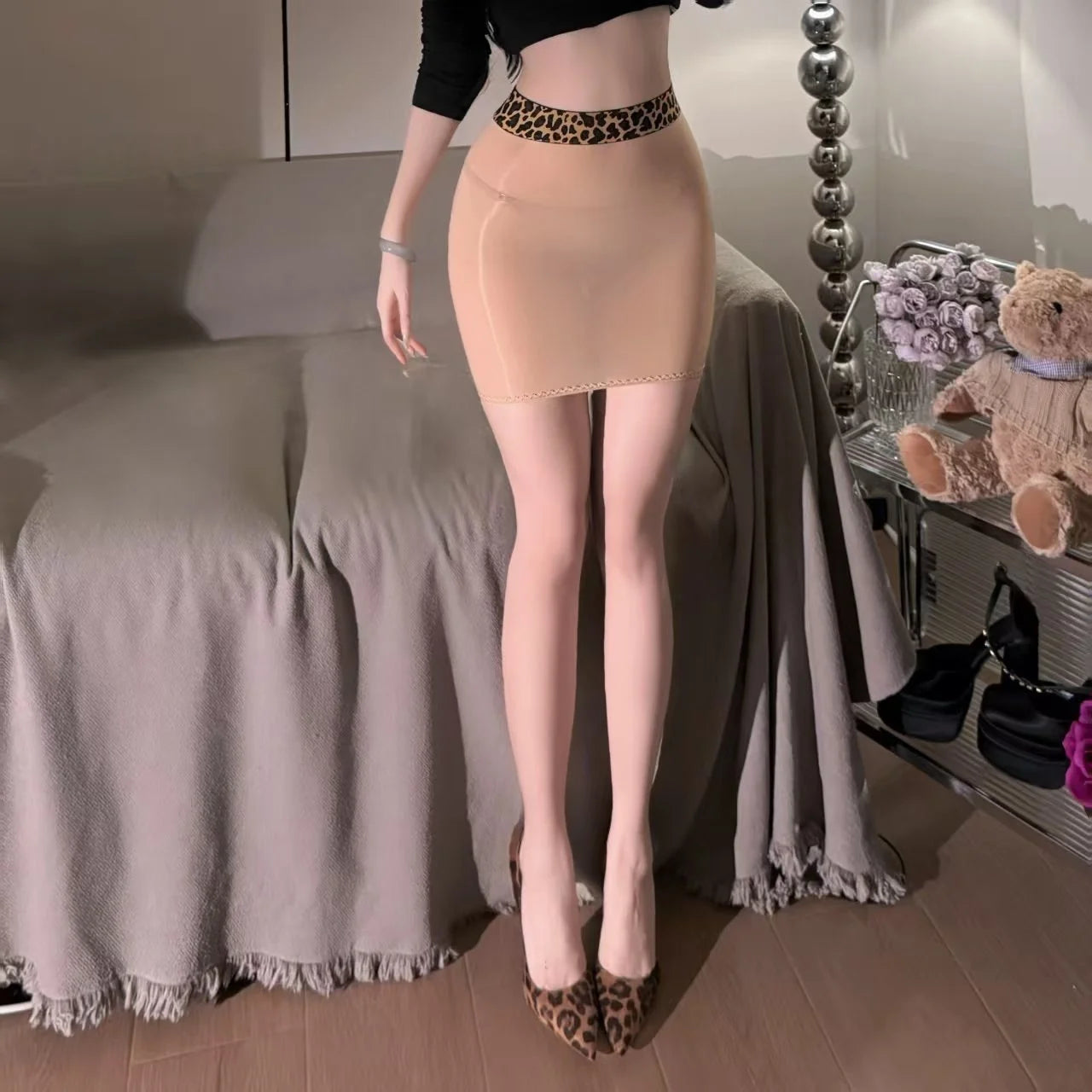 Perspective Silky Smooth Shiny Leopard Print Horse Oil Wrap Skirt Sexy Tight Short Skirt Hot No Take Off Sexy Lingerie for Women