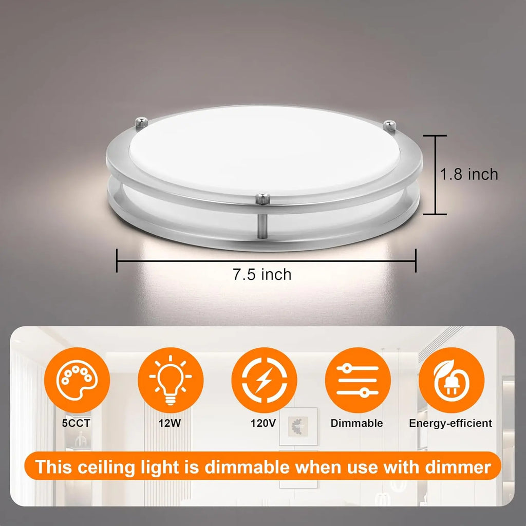 7.5 Inch Round Brushed Nickel LED Ceiling Light Flush Mount with 5 Color Temperatures for Kitchen Bathroom Bedroom