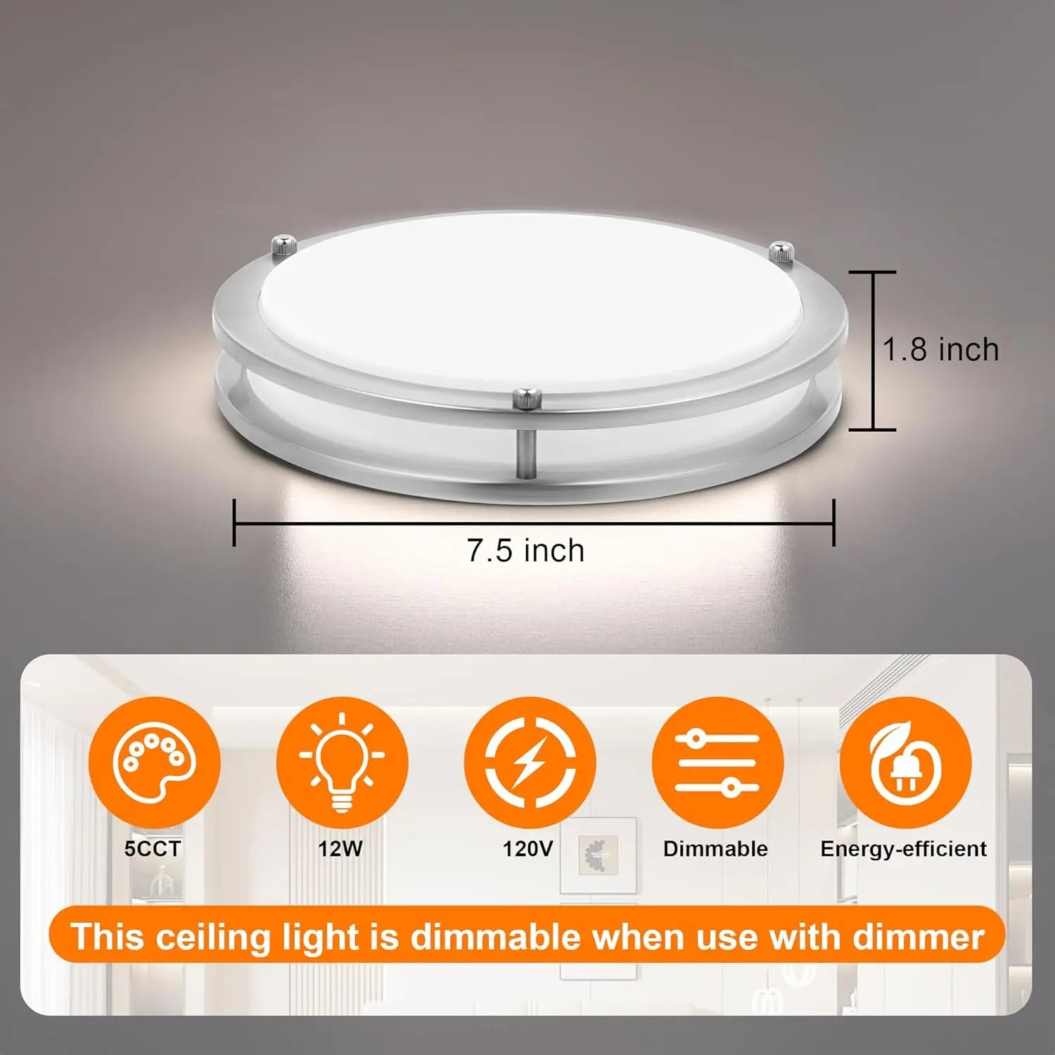 7.5 Inch Round Brushed Nickel LED Ceiling Light Flush Mount with 5 Color Temperatures for Kitchen Bathroom Bedroom